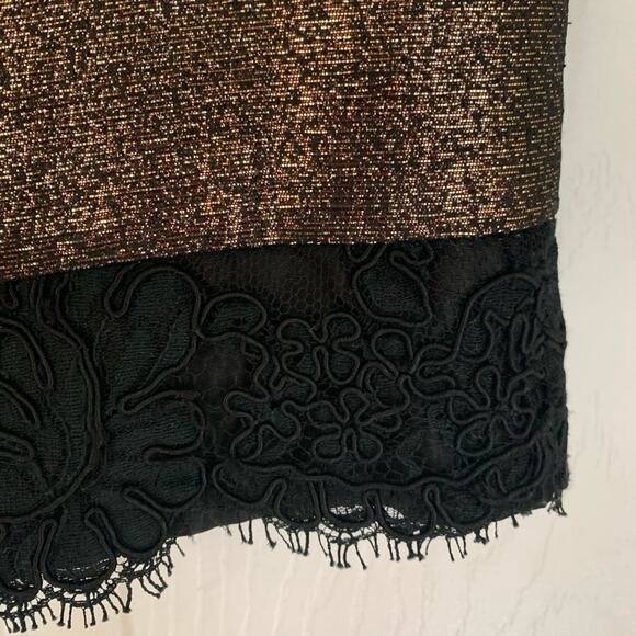 Tory Burch Metallic Gold Pencil Skirt w Black Lace Trim - Picture 4 of 16